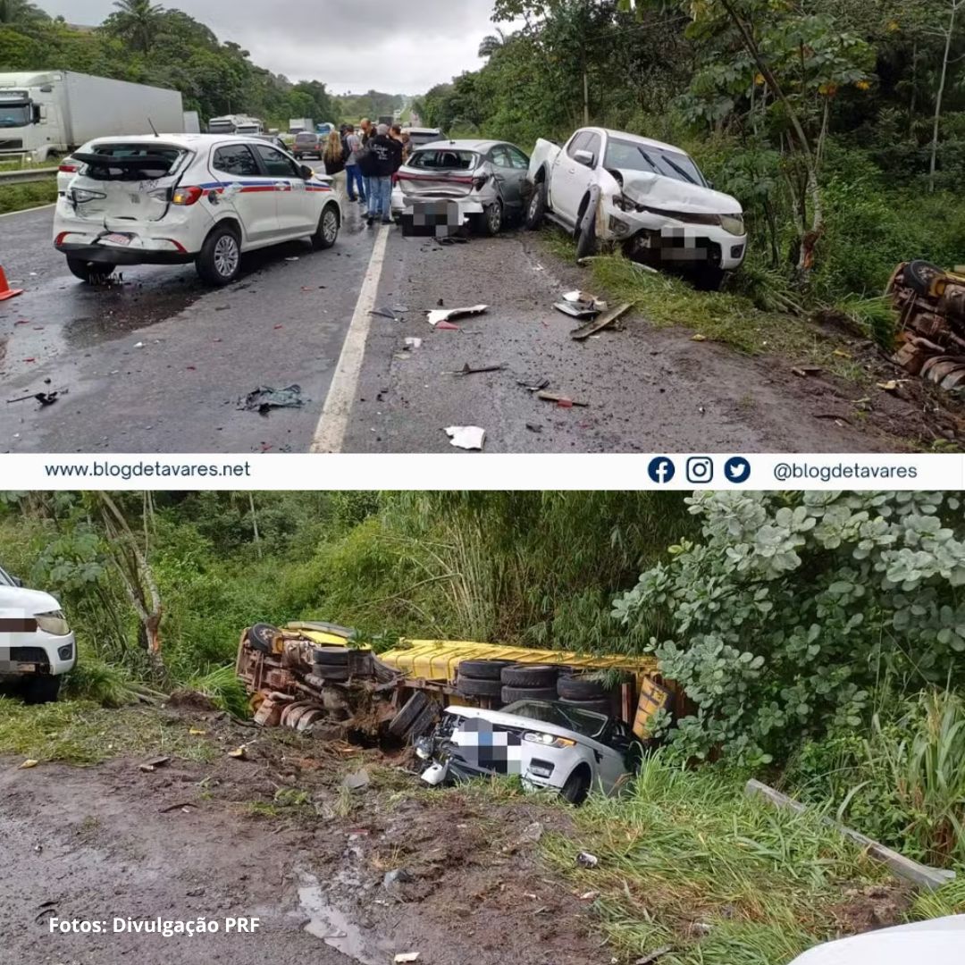 Engavetamento com oito veículos deixa motorista ferido na BR-324; faixa da pista foi interditada 
