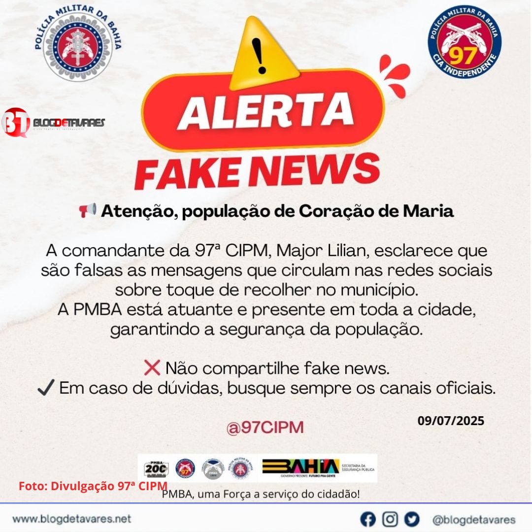Comandante da 97ª CIPM esclarece em nota oficial que é Fake News "toque de recolher" em Coração de Maria, veja!