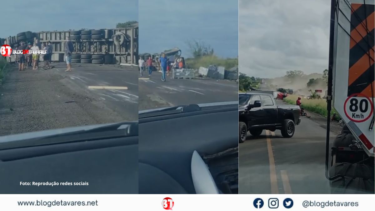 Carreta bitrem tomba e bloqueia a BR-116 Norte entre Santa Bárbara e Serrinha