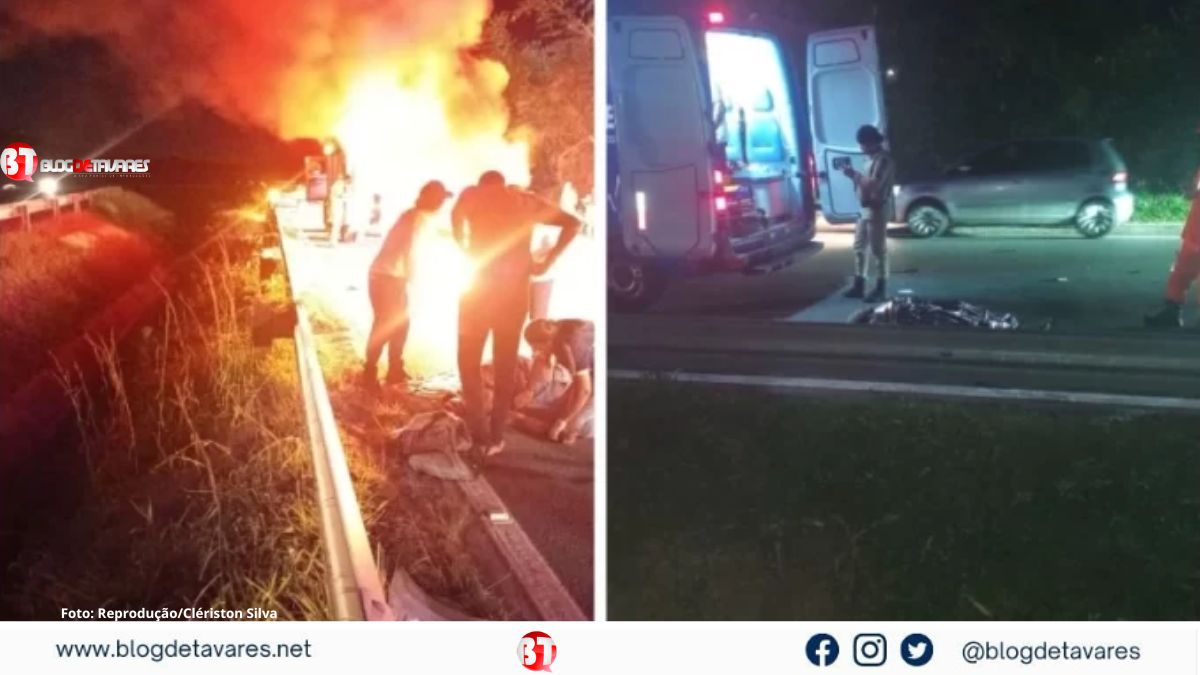 DUAS PESSOAS FERIDAS: Carro bate na traseira de moto em Praia do Forte e provoca em incêndio  