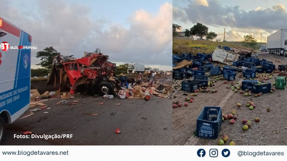 Colisão entre caminhões carregados de café e mangas deixa dois mortos na BR-116, em Santo Estêvão 