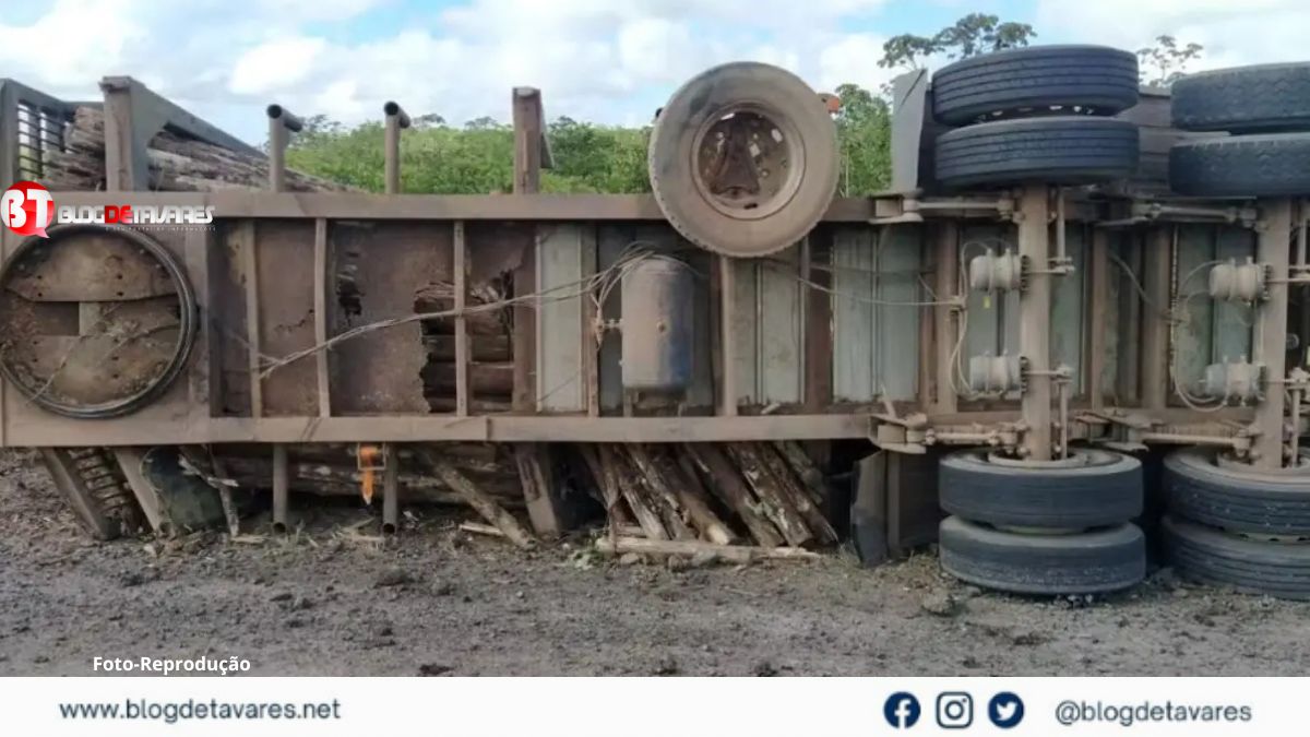 Caminhão carregado de madeira tomba na BR-324 e causa engarrafamento de 6 km 