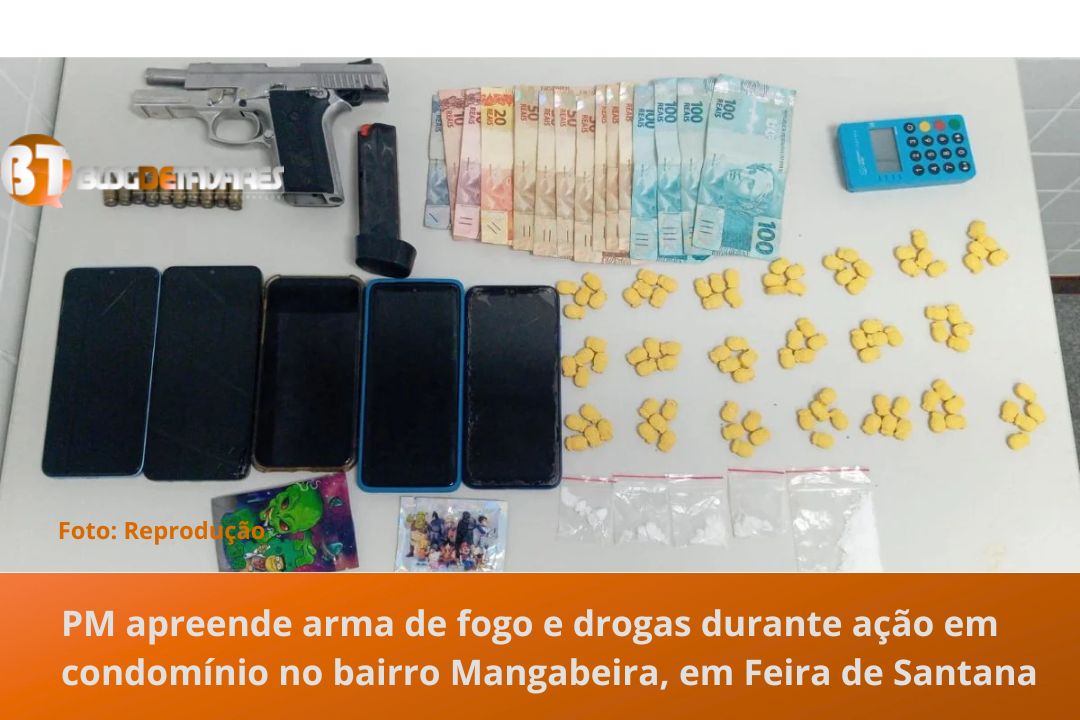 PM apreende arma de fogo e drogas durante ação em condomínio no bairro Mangabeira, em Feira de Santana 