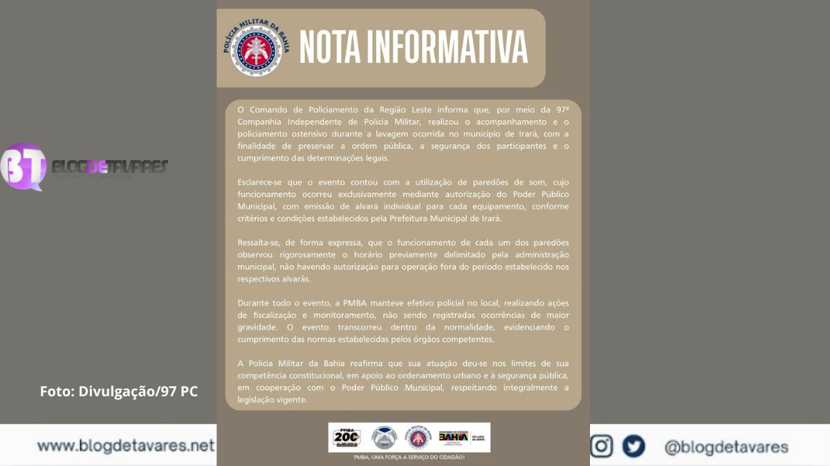 Polícia Militar Militar divulga "Nota Informativa" sobre realização de paredões na Lavagem de Irará