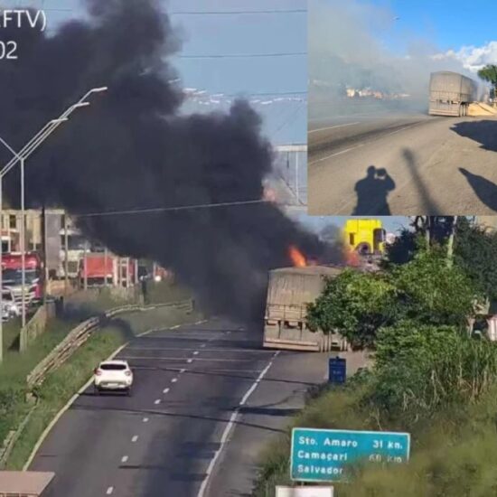 Caminh&atilde;o pega fogo na BR-324 em Concei&ccedil;&atilde;o do Jacu&iacute;pe; pista foi interditada&nbsp;