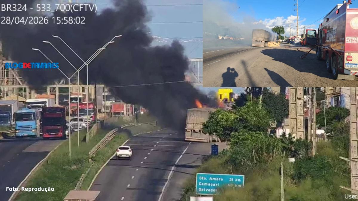 Caminhão pega fogo na BR-324 em Conceição do Jacuípe; pista foi interditada 