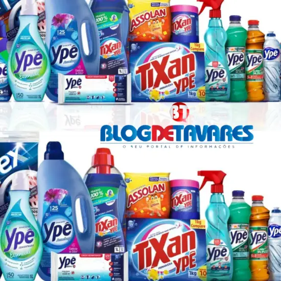 Assorted household cleaning products (detergents, soaps, and cleaners) lined up, featuring Ype and Tixan brands with a Blog Detavares watermark in the center.
