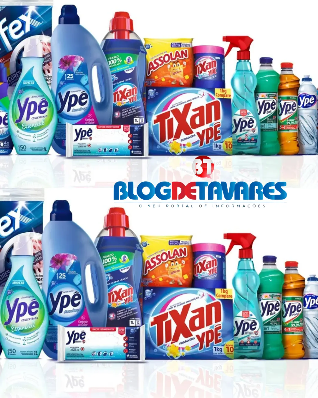 Assorted household cleaning products (detergents, soaps, and cleaners) lined up, featuring Ype and Tixan brands with a Blog Detavares watermark in the center.
