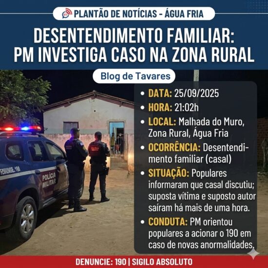 Polícia Militar mobiliza guarnição após denúncia de desentendimento familiar em Água Fria 