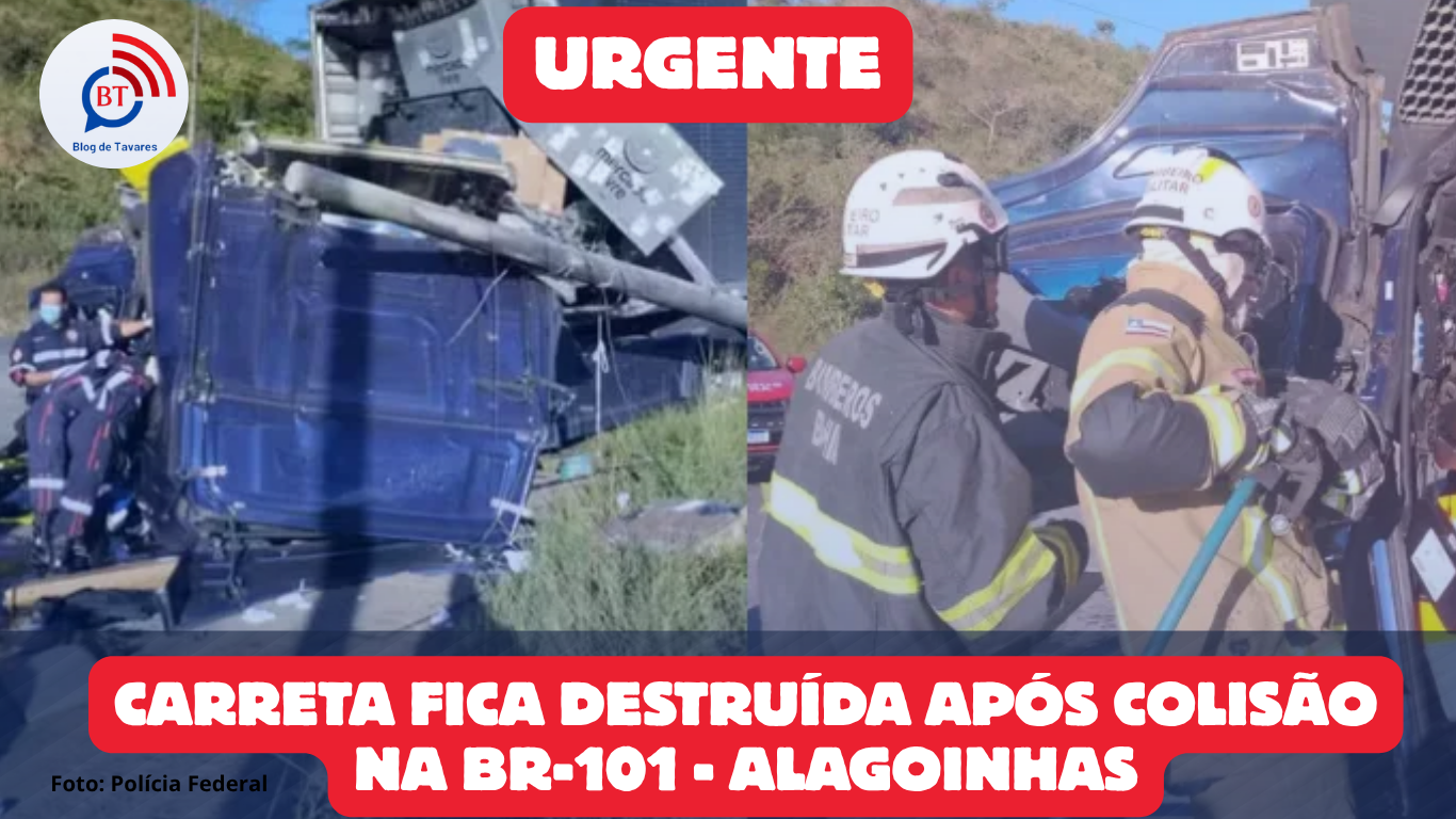 Carreta florestal é destruída após colisão com caminhão-baú na BR-101, em Alagoinhas; motorista fica preso às ferragens 