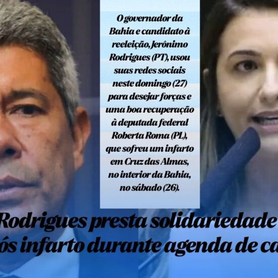 O governador da Bahia e candidato à reeleição, Jerônimo Rodrigues (PT), usou suas redes sociais neste domingo (27) para desejar forças e uma boa recuperação à deputada federal Roberta Roma (PL), que sofreu um infarto em Cruz das Almas, no interior da Bahia, no sábado (26).
