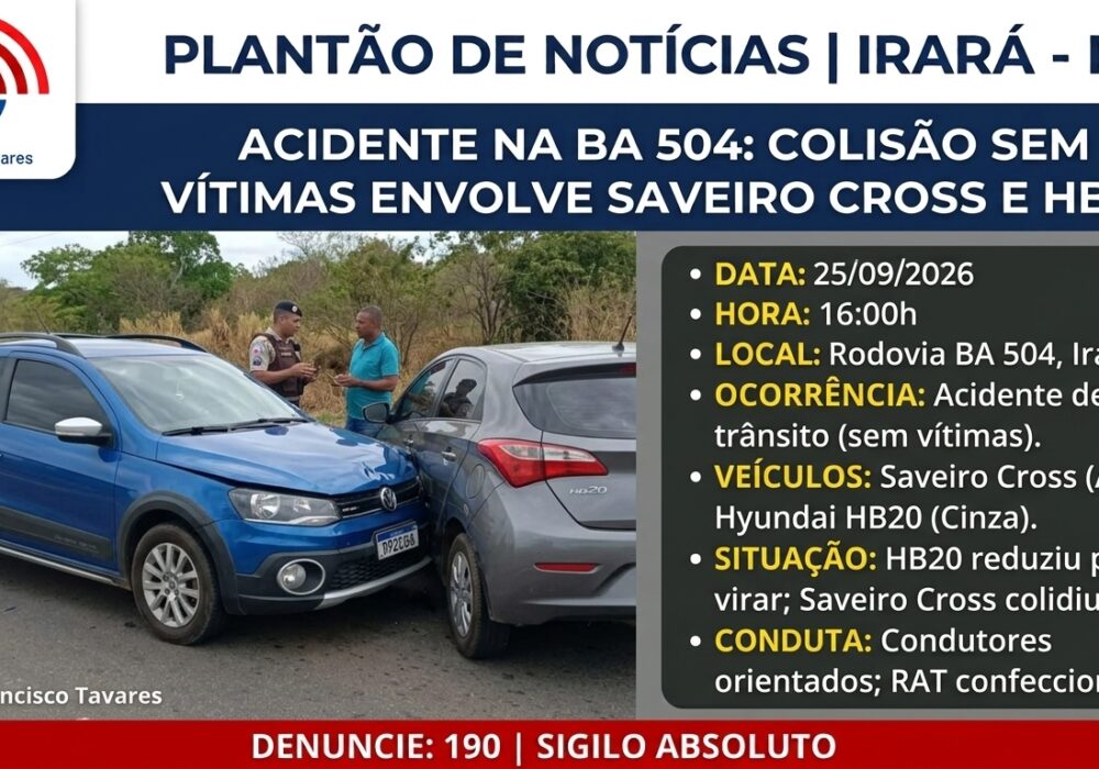 Colisão traseira entre dois veículos resulta em danos materiais na rodovia BA-504 em Irará 