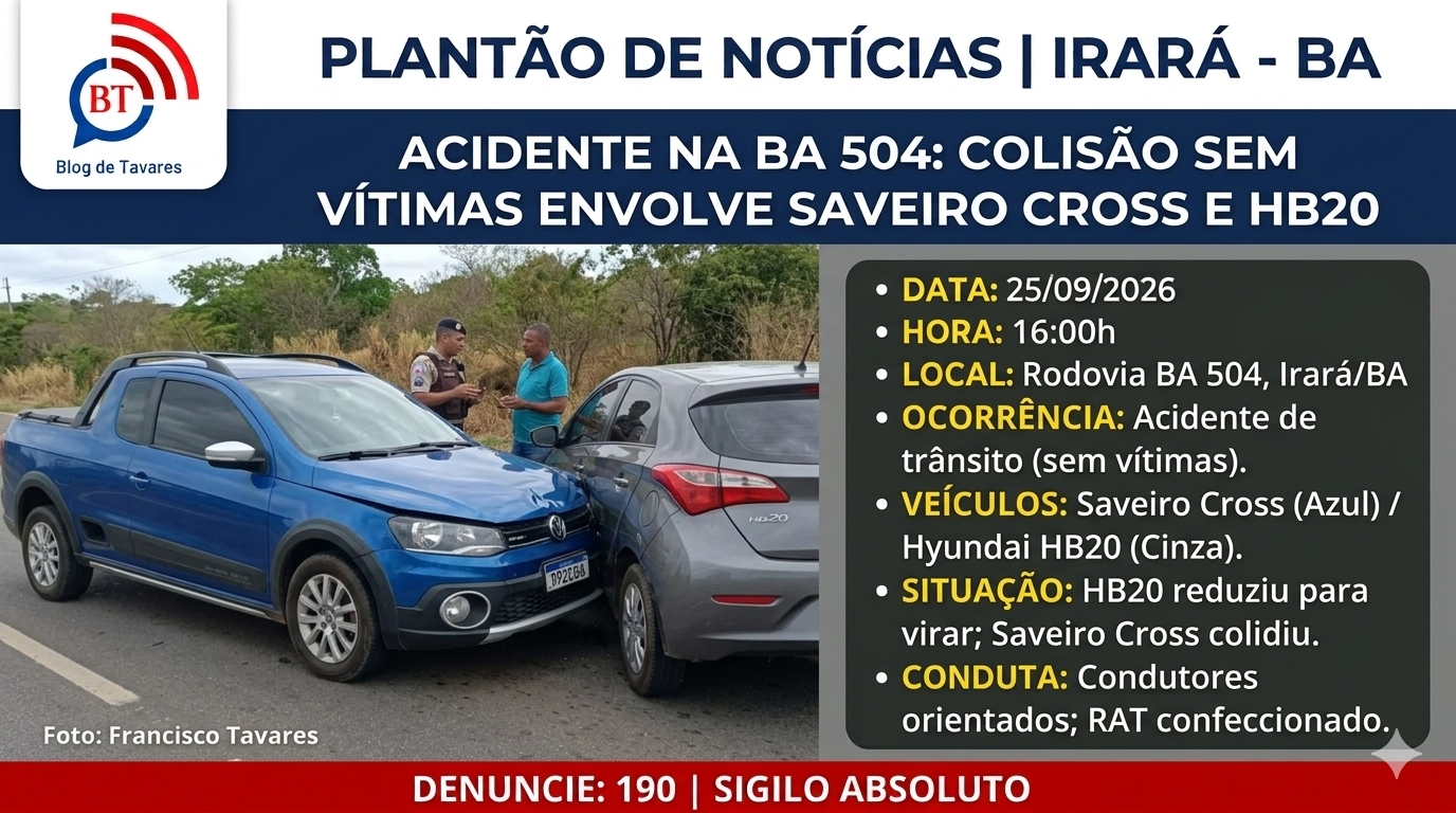 Colisão traseira entre dois veículos resulta em danos materiais na rodovia BA-504 em Irará 