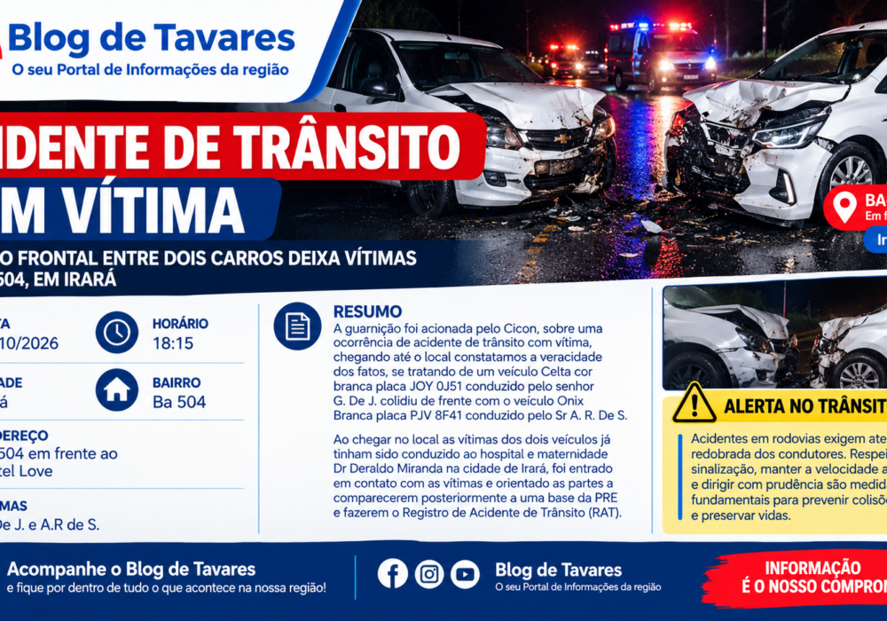 Colisão frontal entre dois carros deixa vítimas na BA-504, em Irará 