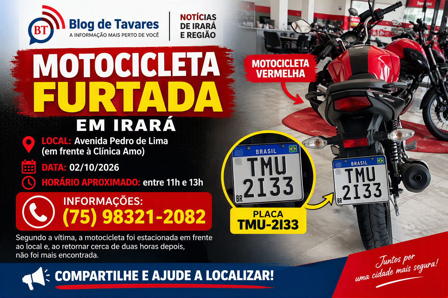 IRARÁ: motocicleta furatada no centro da cidade