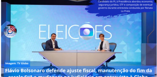 Flávio Bolsonaro defende ajuste fiscal, manutenção do fim da escala 6x1 e mudanças no Judiciário em entrevista à Globo 