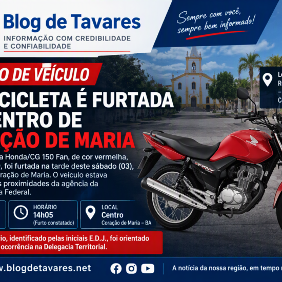 Motocicleta é furtada no centro de Coração de Maria 