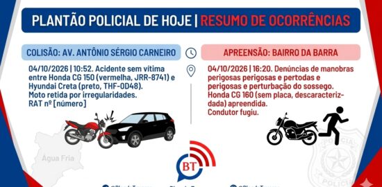 Plantão Policial: Domingo movimentado deixa motos retidas por acidentes e infrações em Água Fria 