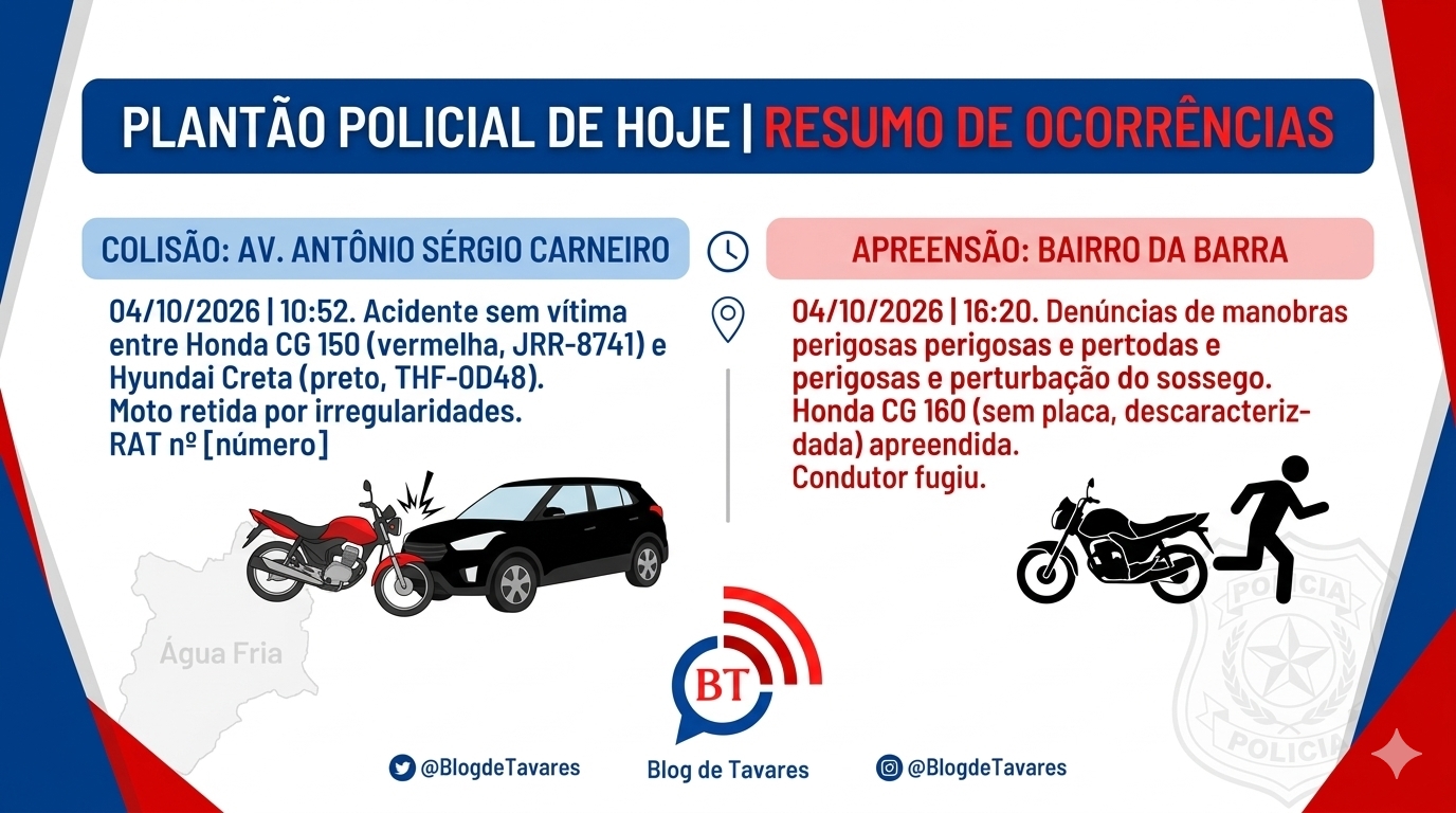 Plantão Policial: Domingo movimentado deixa motos retidas por acidentes e infrações em Água Fria 