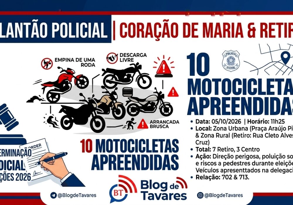 Eleições 2026: Juiz determina apreensão de 10 motocicletas por direção perigosa e barulho em Coração de Maria 