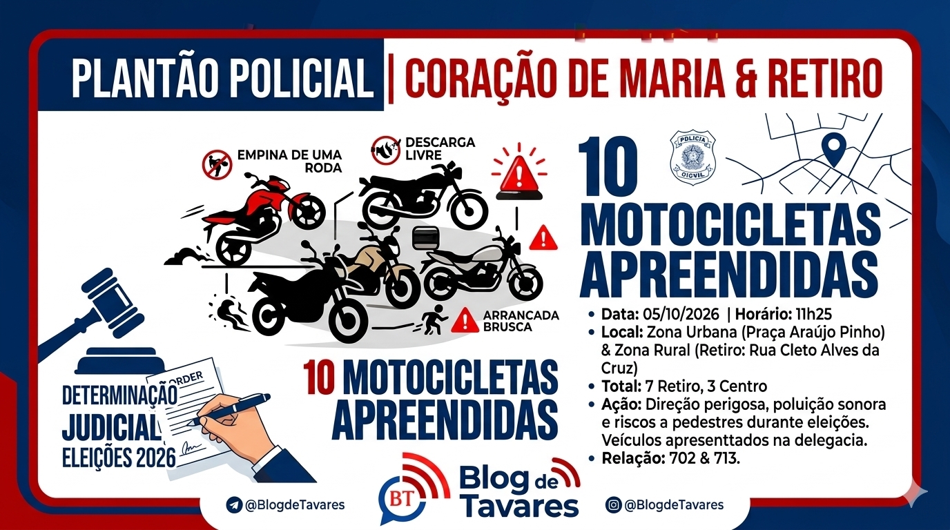 Eleições 2026: Juiz determina apreensão de 10 motocicletas por direção perigosa e barulho em Coração de Maria 