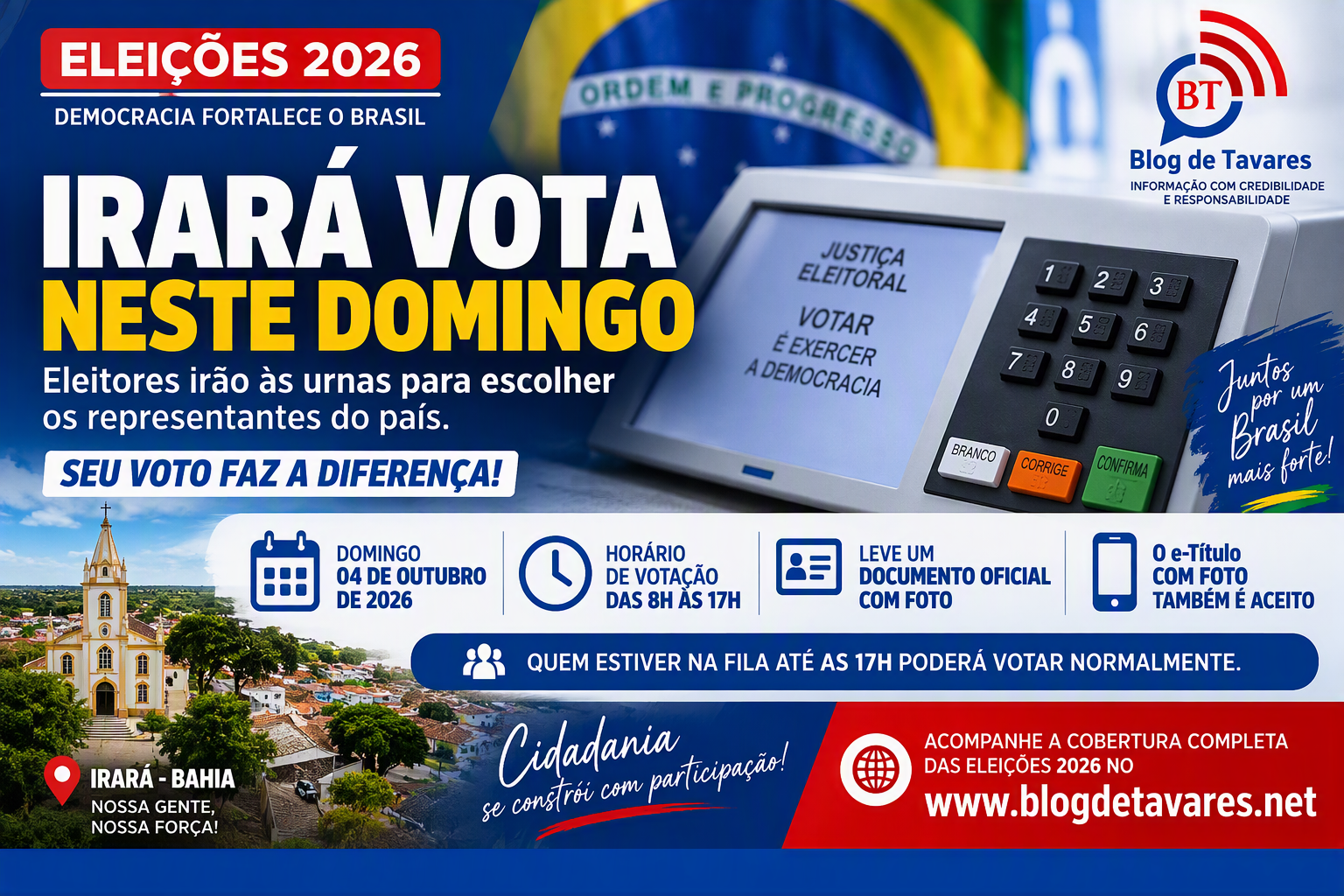 Irará se prepara para o dia de votação das Eleições 2026 neste domingo 